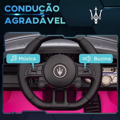 AIYAPLAY Carro Elétrico para Crianças acima de 3 Anos Carro Maserati GT2 Carro Elétrico a Bateria 12V Carro Elétrico para Crianças com Controlo Remoto Faróis LED Buzina Música e Rodas Auxiliares 115x60x45 cm Rosa