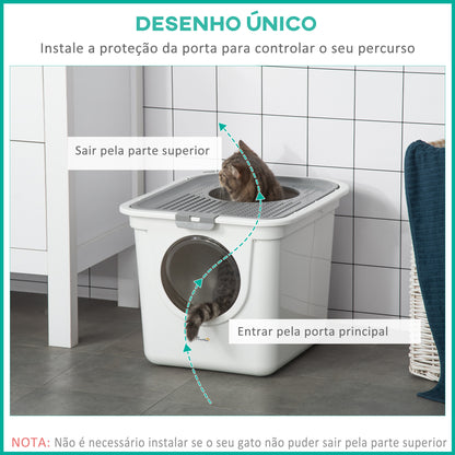 PawHut Caixa de Areia para Gatos com Pá Sanita para Animais de Estimação com 2 Portas Entrada Principal e Saída Superior 44x55x39 cm Branco e Cinza