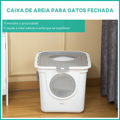 PawHut Caixa de Areia para Gatos com Pá Sanita para Animais de Estimação com 2 Portas Entrada Principal e Saída Superior 44x55x39 cm Branco e Cinza