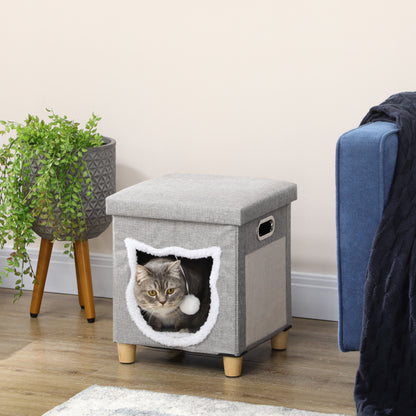 PawHut Cama Caverna para Gatos 2 em 1 Casa para Gatos Interior Tipo Apoio para os Pés com Almofada Amovível Bola Suspensa e Almofada para Arranhar 35,5x35,5x42,5 cm Cinza