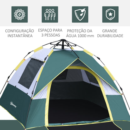 Outsunny Tenda de Campismo para 3 Pessoas Tenda de Campismo Dobrável com 1 Porta 3 Janelas Bolsa de Transporte e Abertura Automática para Praia Parque 205x195x135 cm Verde