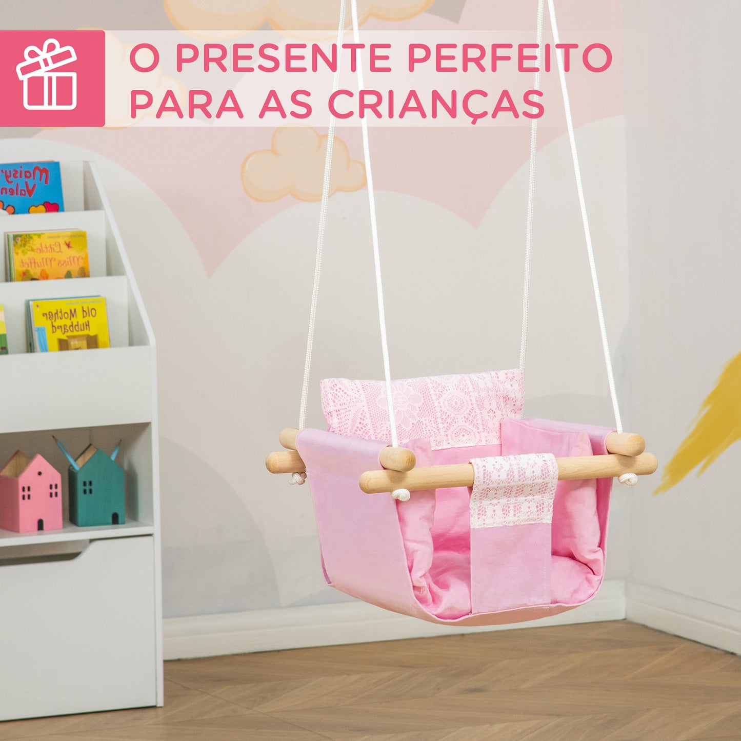 Outsunny Baloiço para Bebé com Altura Ajustável Cinto de Segurança Interior Exterior Carga Máx. 80kg Madeira 40x40x180cm Rosa e Branco