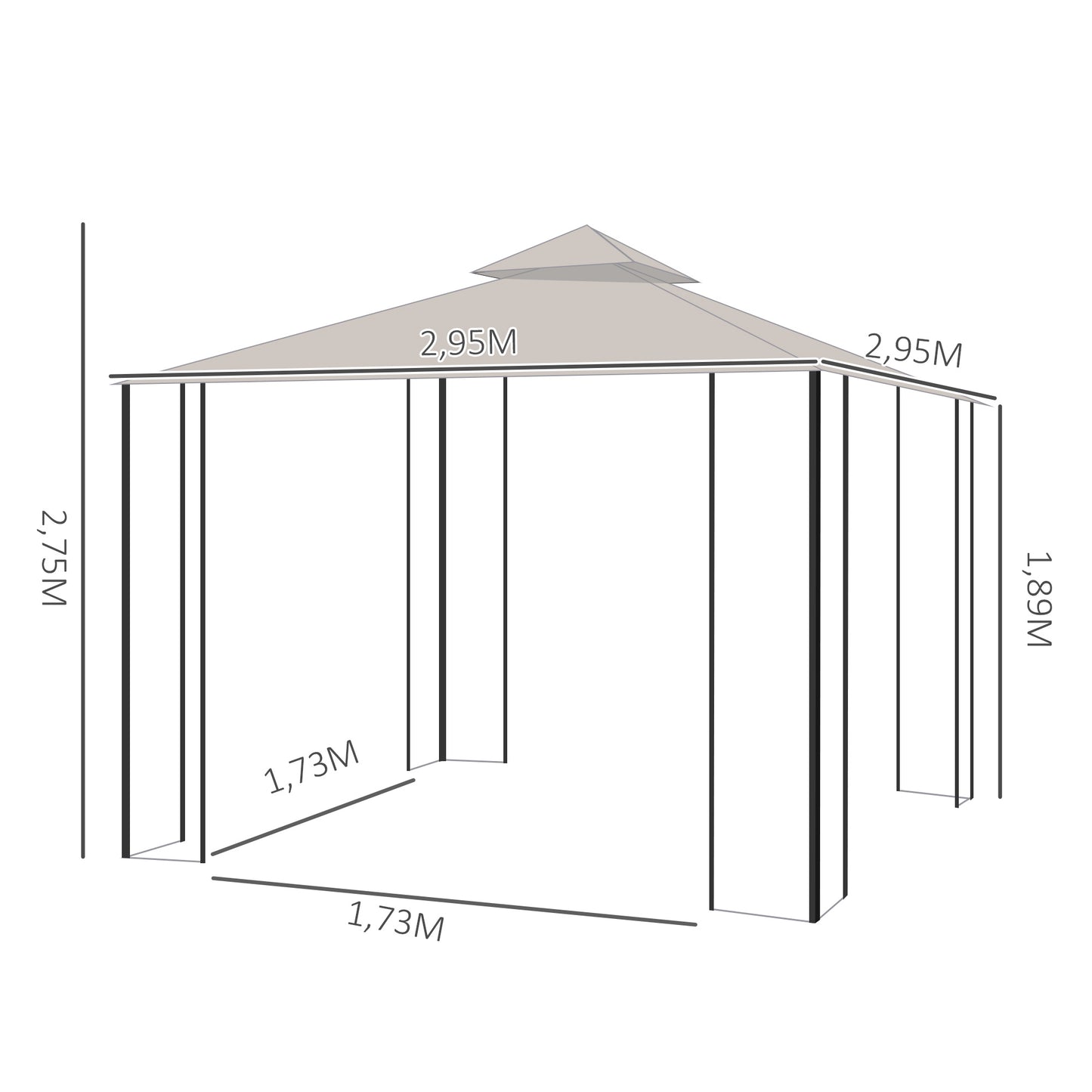 Outsunny Gazebo de jardim 3x3m com 4 cortinas laterais com zíper e telhado duplo com 8 furos de drenagem bege