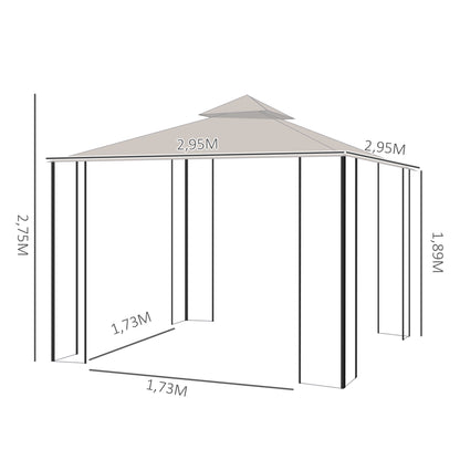 Outsunny Gazebo de jardim 3x3m com 4 cortinas laterais com zíper e telhado duplo com 8 furos de drenagem bege