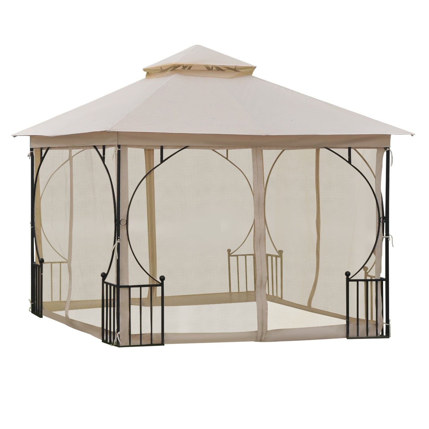 Outsunny Gazebo de jardim 3x3m com 4 cortinas laterais com zíper e telhado duplo com 8 furos de drenagem bege