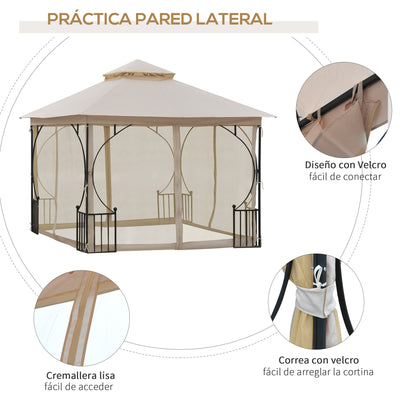 Outsunny Gazebo de jardim 3x3m com 4 cortinas laterais com zíper e telhado duplo com 8 furos de drenagem bege