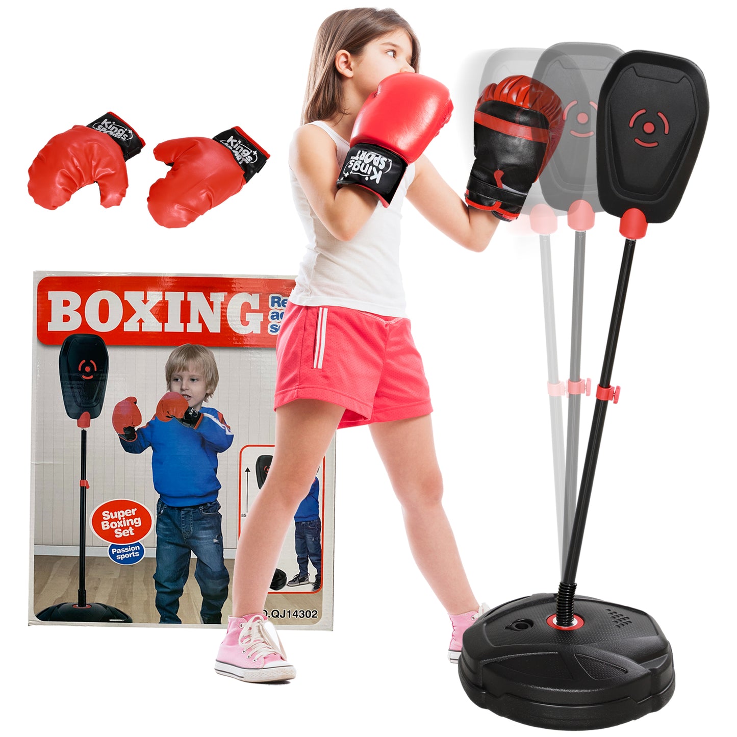 AIYAPLAY Punching Ball para Crianças acima de 5 anos Kit de Boxe para Crianças com Luvas de Boxe Altura Ajustável 88-124 cm e Base Preenchível Preto