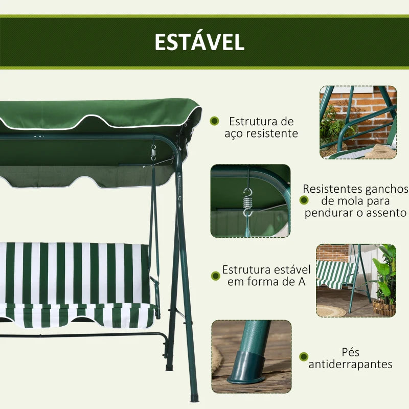 Baloiço de Jardim de 3 Lugares com Almofada e Toldo Ajustável - Verde e Branco