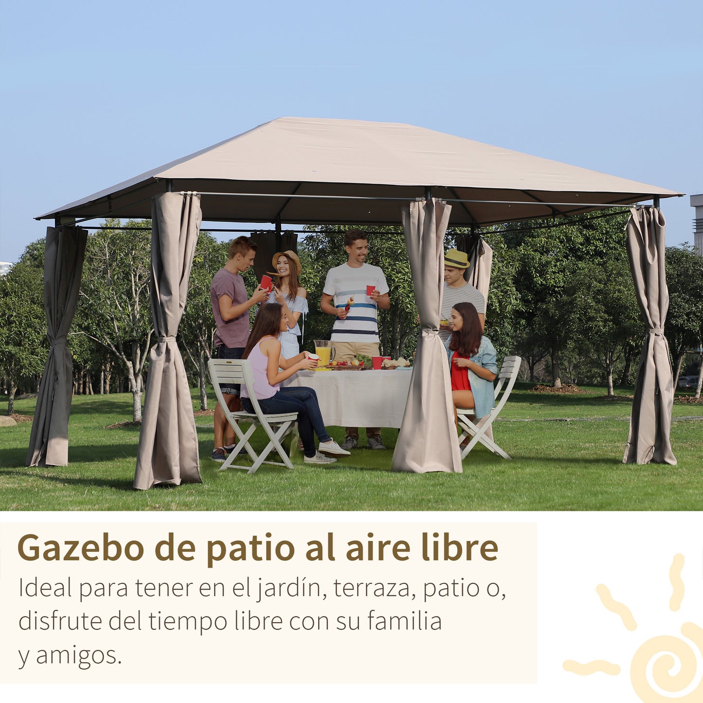 Outsunny Pégola de Jardim Pérgola de Exterior com Paredes Laterais Amovíveis e Estrutura de Aço para Festas Eventos 398x300x272 cm Cáqui