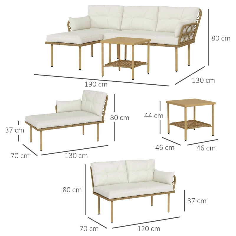 Conjunto Louge de 3 Peças com Sofá de Jardim e Mesa de Centro com Almofadões - Vime PE - Cor Natural e Creme