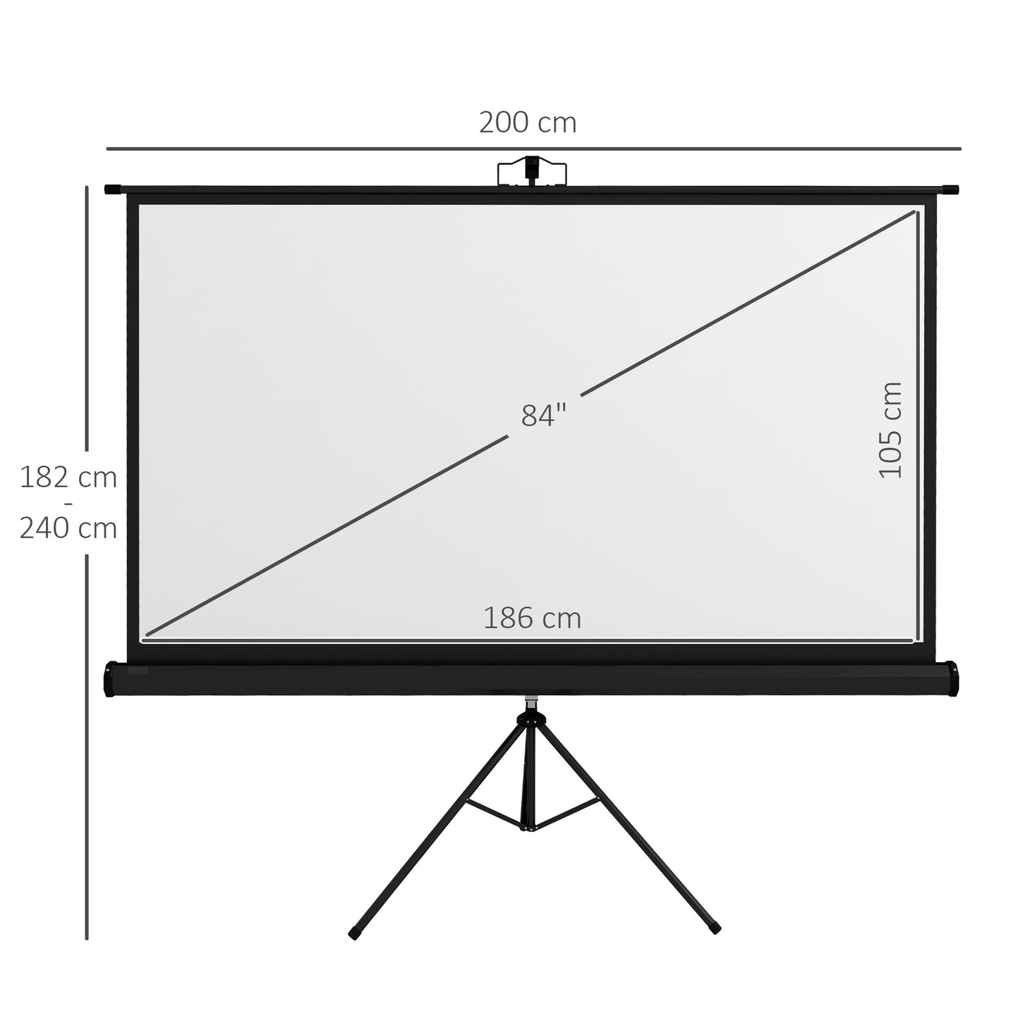 HOMCOM Tela de Projeção Manual com Suporte 84 Polegadas Tela de Projeção Portátil Formato 16:9 com Altura Ajustável para Interior e Exterior Cinema em Casa 200x8x118 cm Branco e Preto