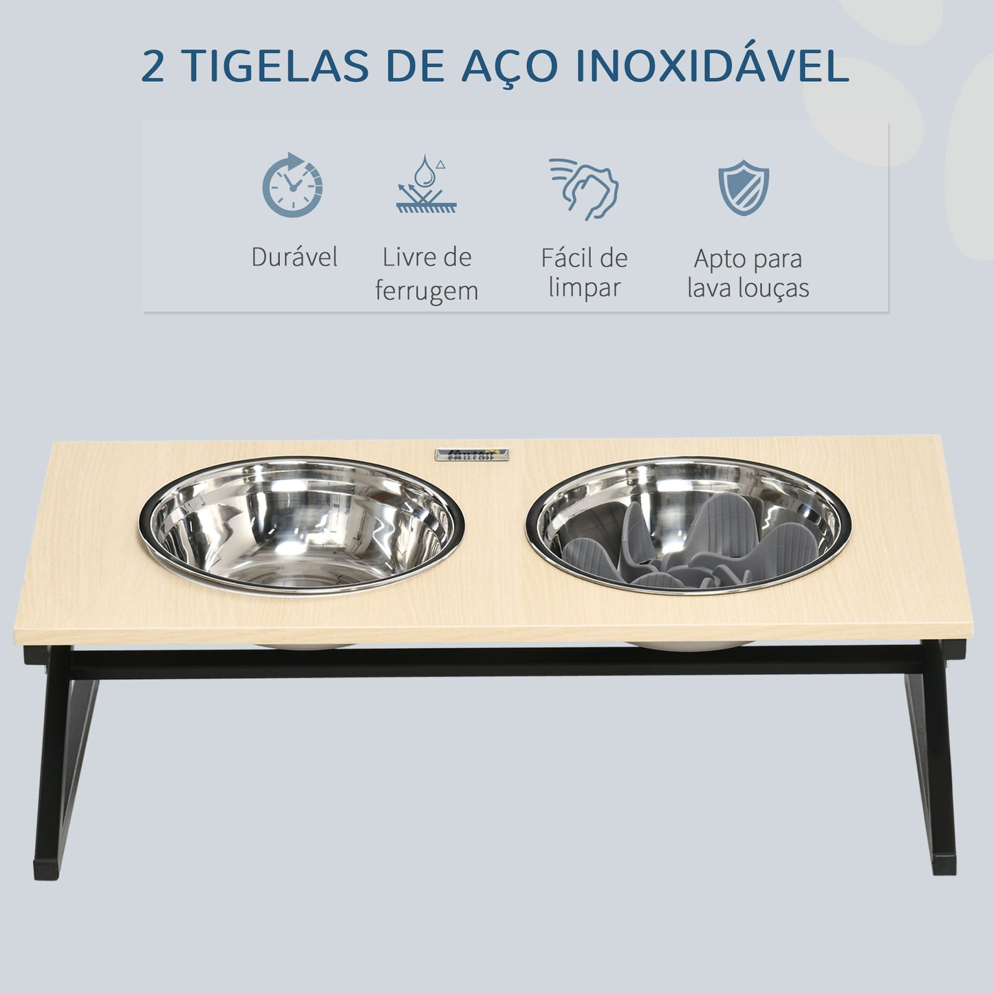 PawHut Comedouro Elevado para Cães Alimentador para Cães com 2 Tigelas de Aço Inoxidável 1100ml com Tapete Antiderrapante Comedouro Lento para Animais Médios 60x30x18,5cm Carvalho