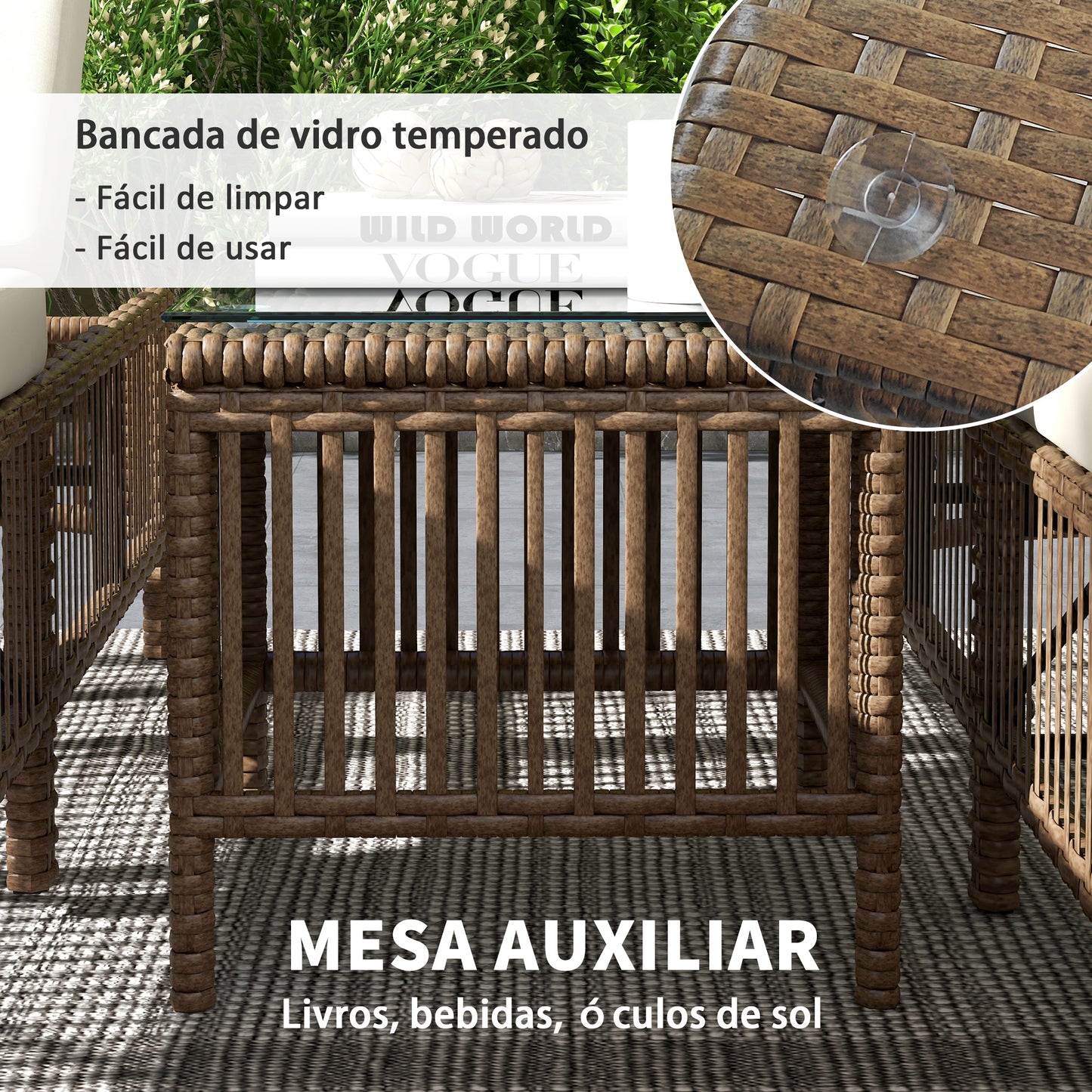 Outsunny Conjunto de 2 Espreguiçadeiras de Jardim Espreguiçadeiras de Vime Sintético com Mesa de Centro Encosto Reclinável em 5 Posições e Almofadas Suaves 196x54x32cm Bege