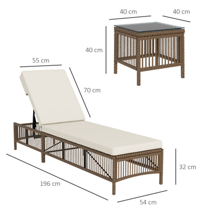 Outsunny Conjunto de 2 Espreguiçadeiras de Jardim Espreguiçadeiras de Vime Sintético com Mesa de Centro Encosto Reclinável em 5 Posições e Almofadas Suaves 196x54x32cm Bege