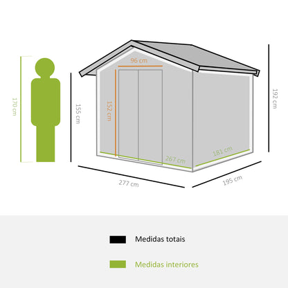 Outsunny Abrigo de Jardim Exterior 4,83m² 277x195x192cm Abrigo e Jardim Metálico para Armazenamento de Ferramentas com Base Incluída e 4 Janelas Verde Escuro