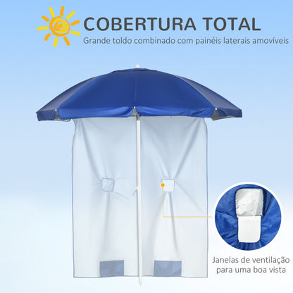 Outsunny Chapéu de Sol de Praia com Painel Lateral Ø191x211 cm Chapéu de Sol de Praia com Manivela Manual Teto Inclinável 2 Bolsos e 2 Janelas para Jardim Piscina Azul