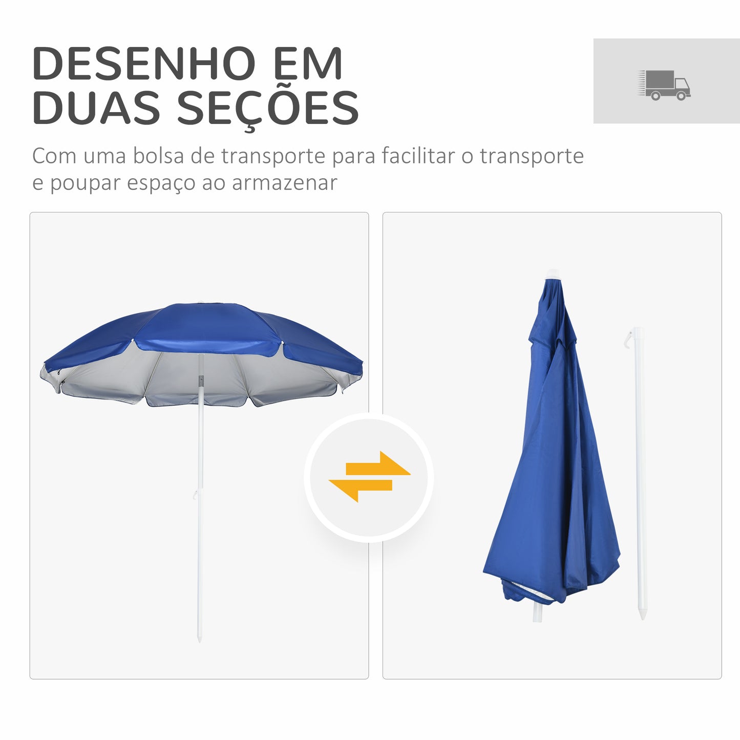 Outsunny Chapéu de Sol de Praia com Painel Lateral Ø191x211 cm Chapéu de Sol de Praia com Manivela Manual Teto Inclinável 2 Bolsos e 2 Janelas para Jardim Piscina Azul