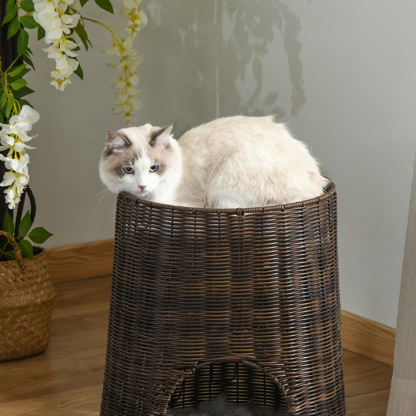 PawHut Cesta de Vime para Gatos Cama Caverna de 2 Níveis com Almofadas Laváveis Ø45x50cm Marrom