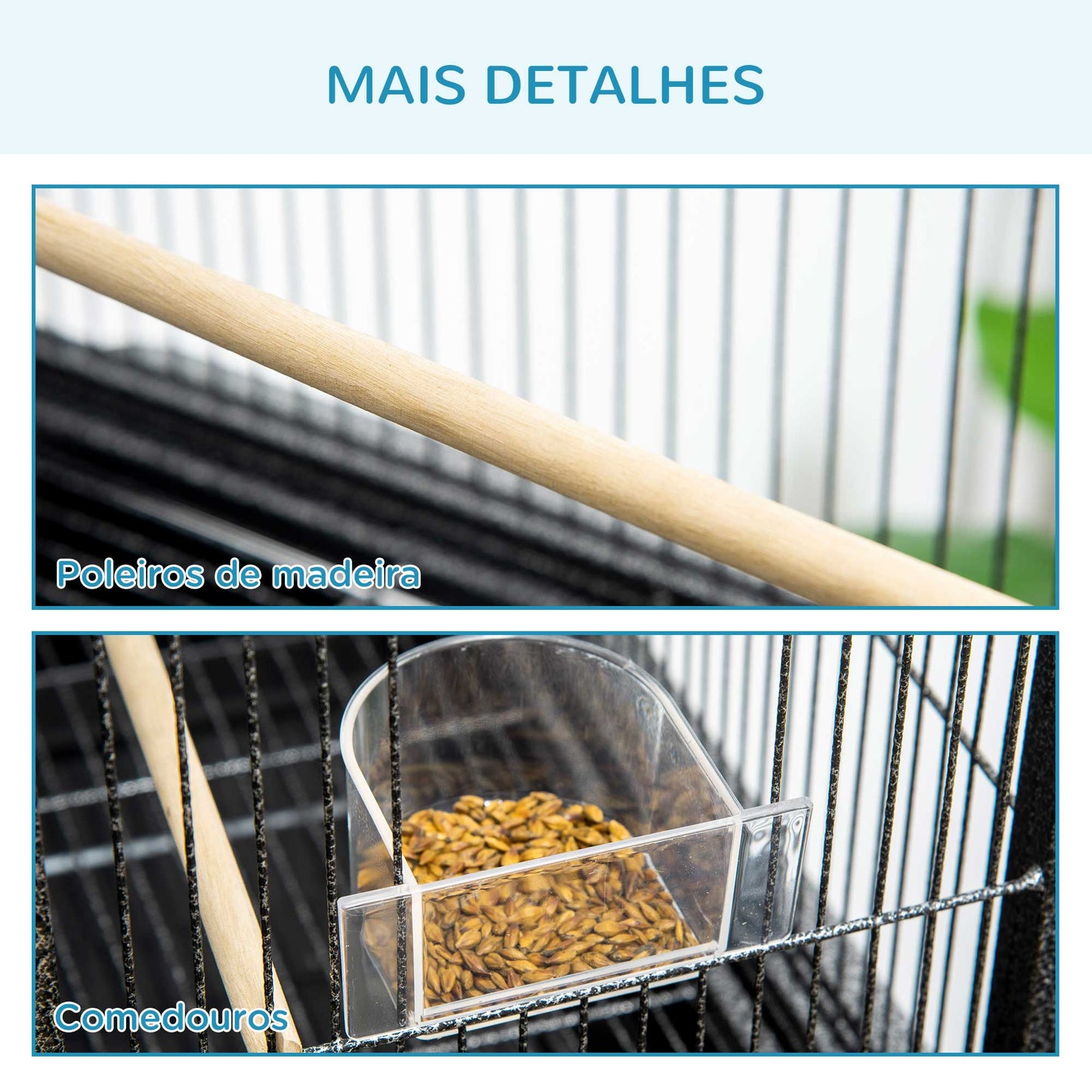 PawHut Gaiola para Pássaros com Rodas 81x48x162,5 cm Gaiola de Metal com Bandeja 4 Poleiros 4 Comedouros e Prateleira de Armazenamento para Canários Periquitos Preto e Cinza