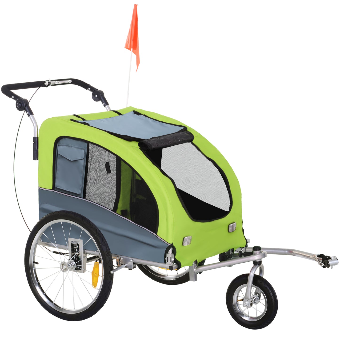 PawHut Reboque Bicicleta Cães Carrinho para Transporte para Animais de Estimação 2 em 1 com Guiador Amortecimento Roda Giratória 360° Refletores Carga Máx. 30 kg 155x83x108 cm Verde e Cinza