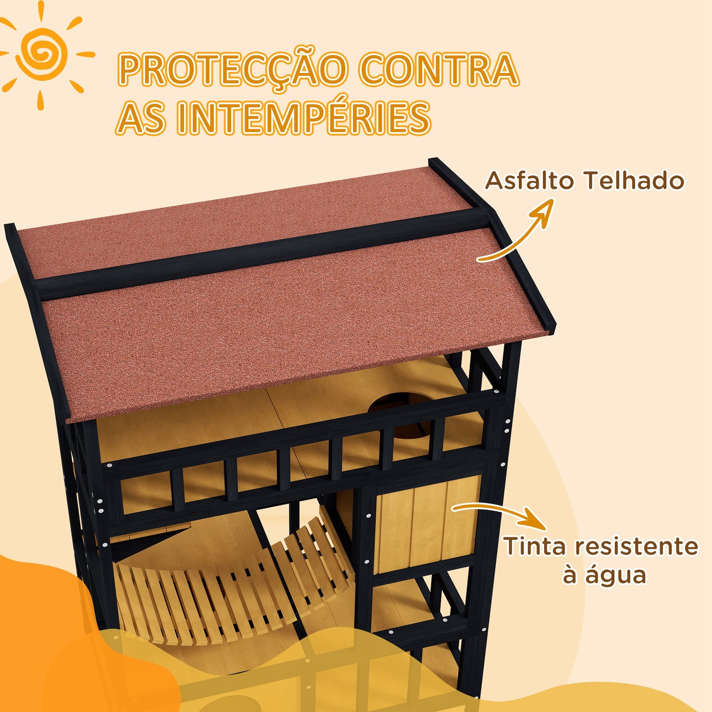 PawHut Casa para Gatos de Madeira 84x60x116 cm Abrigo para Gatos de 4 Níveis para Exterior com Ponte Suspensa Varanda e Telhado Asfáltico Natural