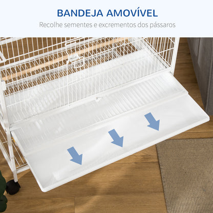 PawHut Gaiola para Pássaros com Rodas 78x52x132cm Gaiola para Pássaros Metálica com Bandeja Amovível 4 Portas 4 Comedouros 4 Poleiros e Prateleira de Armazenamento para Canários Periquitos Branco