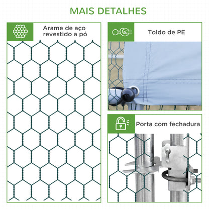 PawHut Galinheiro de Exterior Grande 3x2x2m Gaiola para 4-6 Galinhas de Aço Galvanizado com Teto de PE e Fechadura para Coelhos Prata