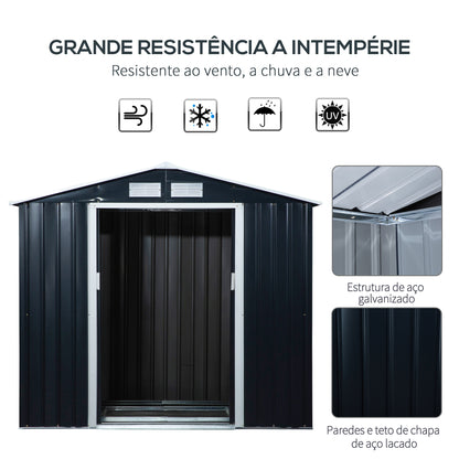 Abrigo de Jardim 213x130x185cm Abrigo de Jardim Metálico de Exterior para Armazenamento de Ferramentas com 2 Portas Deslizantes e 4 Janelas para Terraço Cinza Escuro