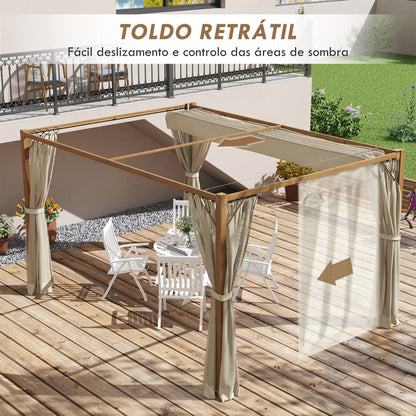 Outsunny Pérgola de Jardim 4x3 m Pérgola para Exterior com Teto Retrátil Mosquiteiros Laterais de Malha e Estrutura de Alumínio para Terraço Pátio Natural