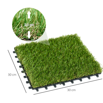 Outsunny Relva Artificial 30x30cm 10 Peças com Altura de 25mm Alta Densidade 6500 Relva Artificial de Encaixe para Exterior Pátio Terraço Verde