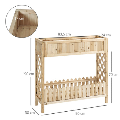 Outsunny Horta Vertical Elevada de Madeira 90x30x90cm Mesa de Cultivo de Jardim com Prateleira Inferior e 4 Orifícios de Drenagem para Plantas Vasos Flores Madeira Natural