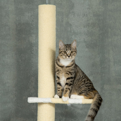 PawHut Árvore para Gatos do Chão ao Teto 220-260cm Altura Ajustável Torre para Gatos com 3 Plataformas Poste de Sisal e Bola para Brincar 47x34x220-260cm Creme