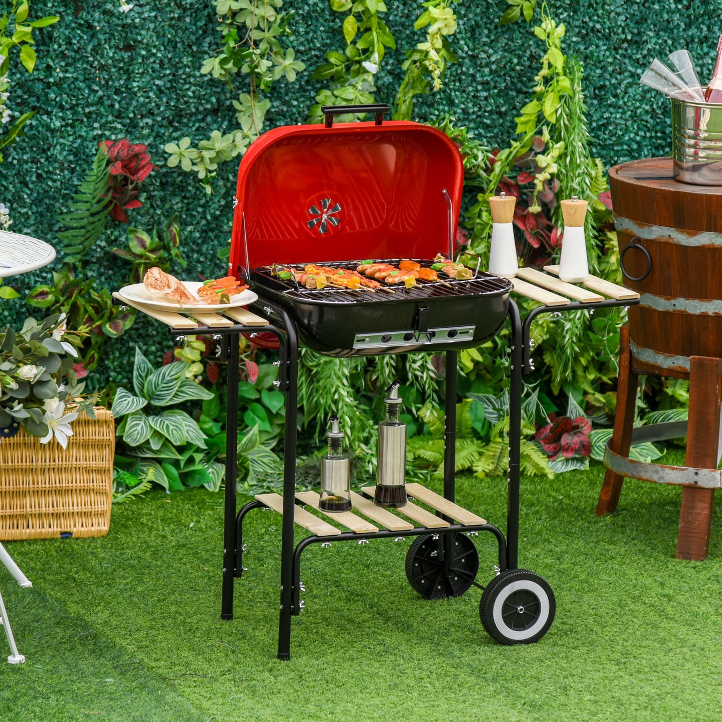 Outsunny Barbecue a Carvão com Prateleiras de Madeira e Rodas Barbecue e Carvão para Campismo Pátio 98x49x81 cm Preto e Vermelho