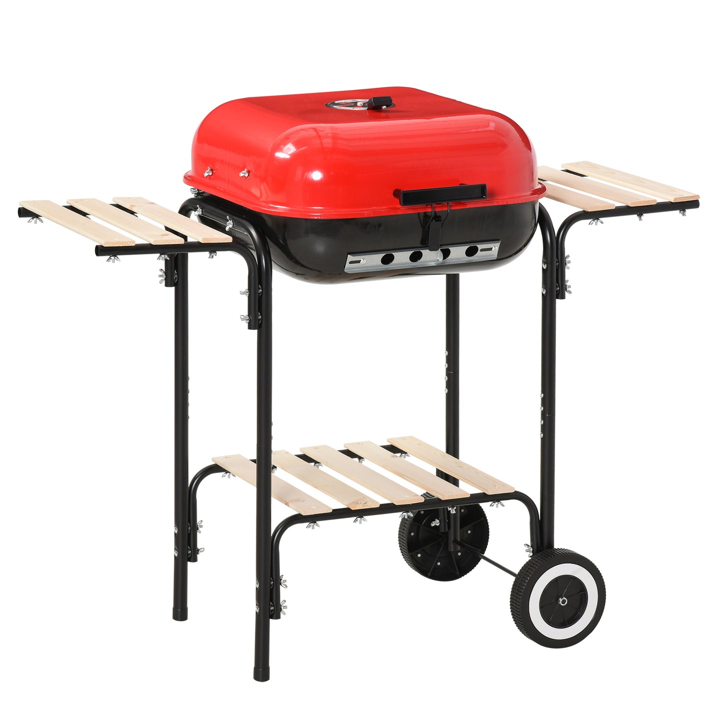 Outsunny Barbecue a Carvão com Prateleiras de Madeira e Rodas Barbecue e Carvão para Campismo Pátio 98x49x81 cm Preto e Vermelho