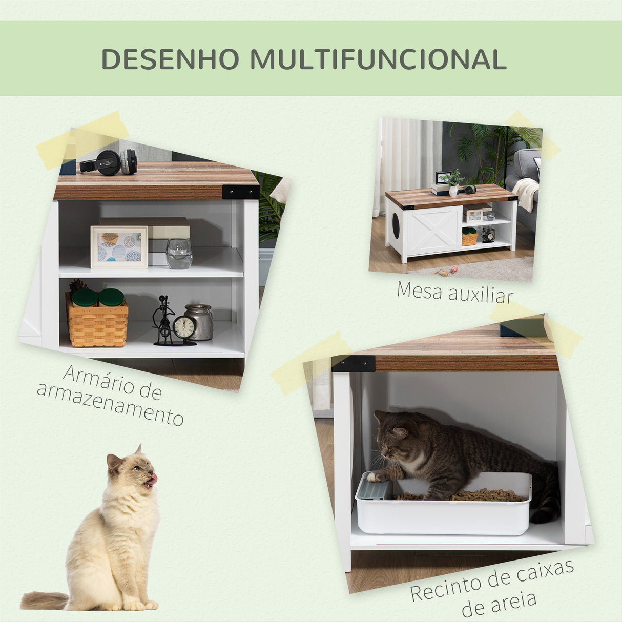 PawHut Casa para Gatos de Madeira Móvel Caixa de Areia para Gatos 2 em 1 Armário de Armazenamento com Porta Deslizante e Prateleira Interior 109x51x52cm Branco e Madeira