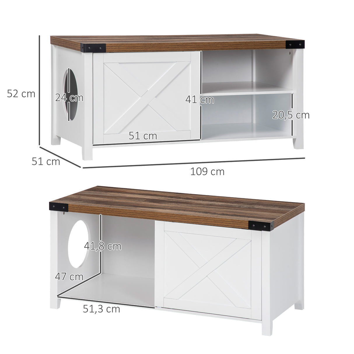 PawHut Casa para Gatos de Madeira Móvel Caixa de Areia para Gatos 2 em 1 Armário de Armazenamento com Porta Deslizante e Prateleira Interior 109x51x52cm Branco e Madeira