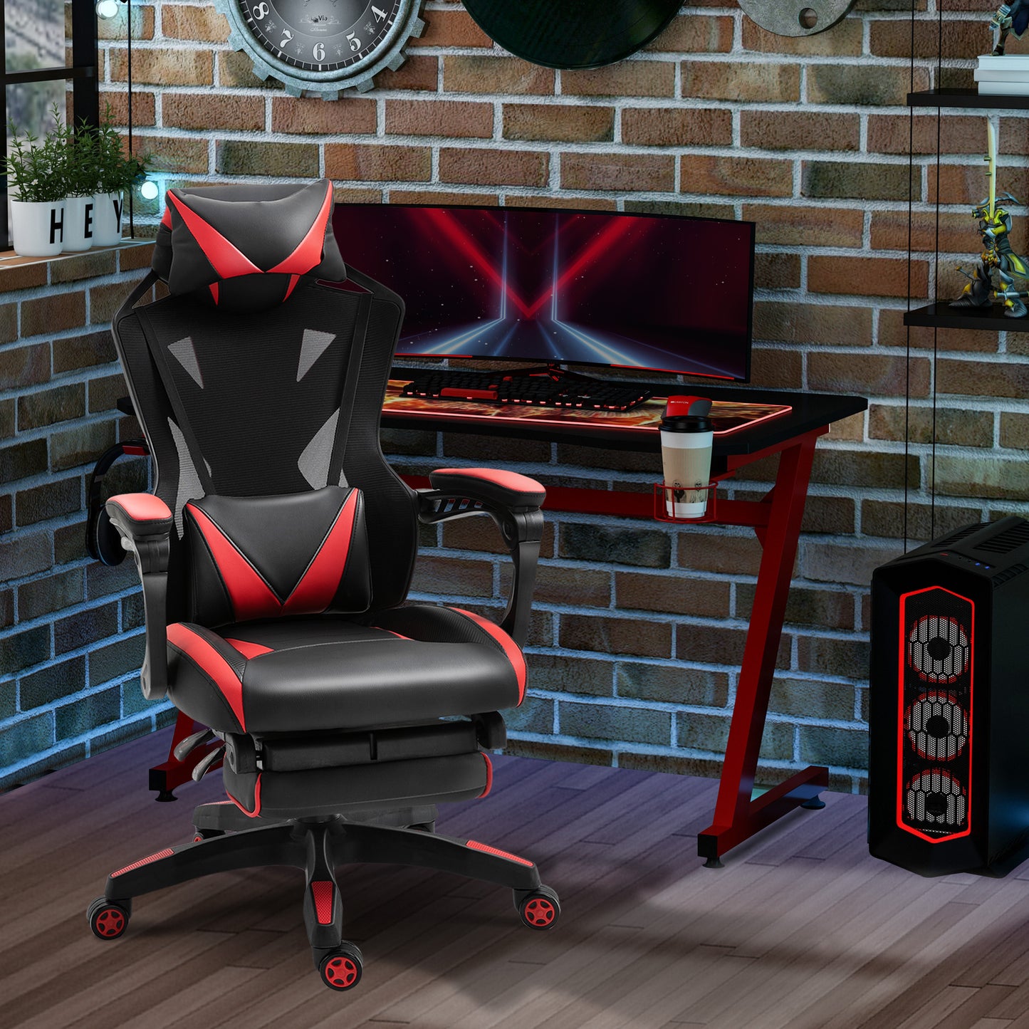 Vinsetto Cadeira Gaming Ergonómica Cadeira Gaming para Escritório com Altura Ajustável Encosto Regulável Almofada Lombar Apoio para os Pés Retráteis 65x70x117-125cm Vermelho