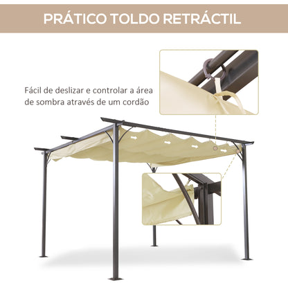 Outsunny Pérgola de Metal 3,5x3,5m Pérgola para Jardim Pátio ou Terraço com Teto Retrátil Tecido Poliéster Resistente à Água e Raios UV Bege e Preto