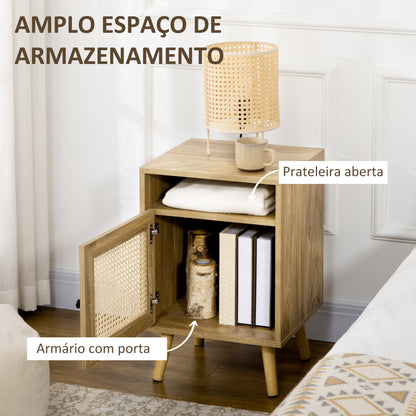 HOMCOM Conjunto de 2 Mesas de Cabeceira Mesas de Cabeceira com Portas de Vime e Prateleira Aberta Mesa Auxiliar para Dormitório Sala de Estar 39x35x60 cm Madeira