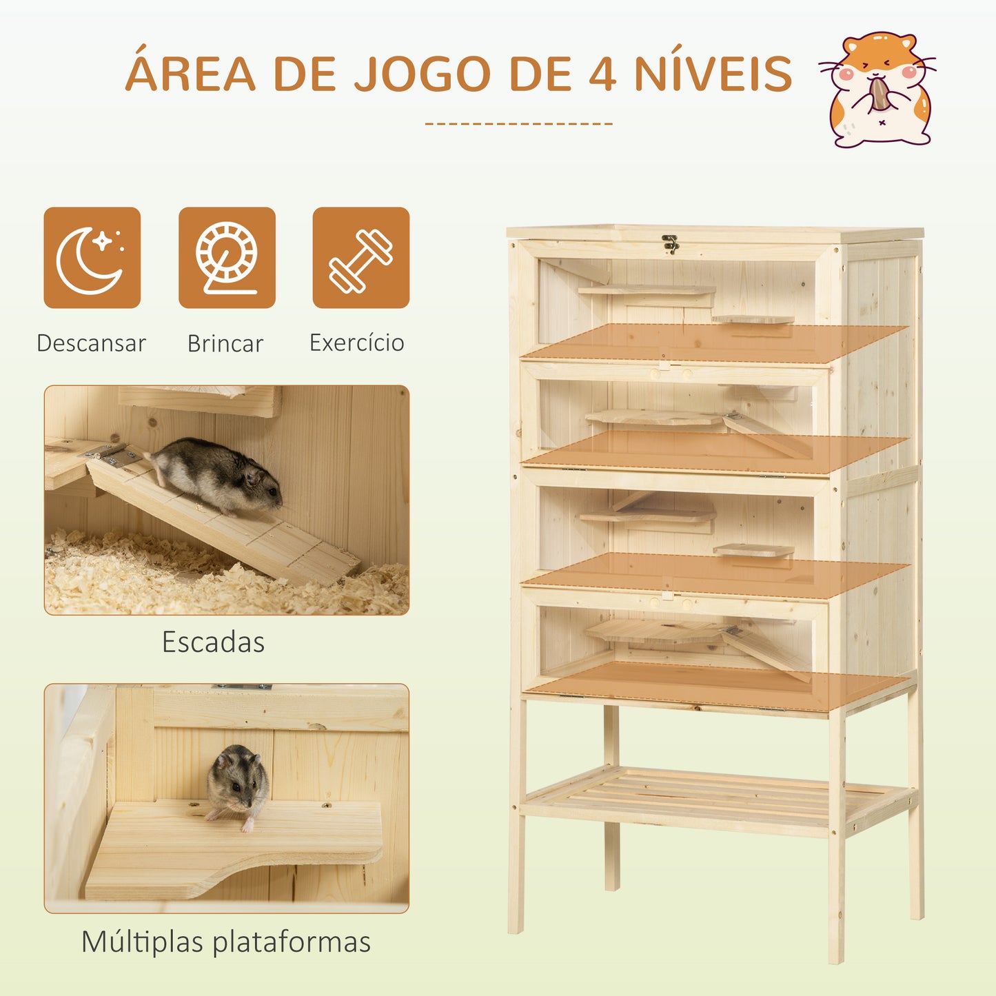 PawHut Gaiola de madeira para hamsters e outros pequenos roedores com várias plataformas 60x40x120cm