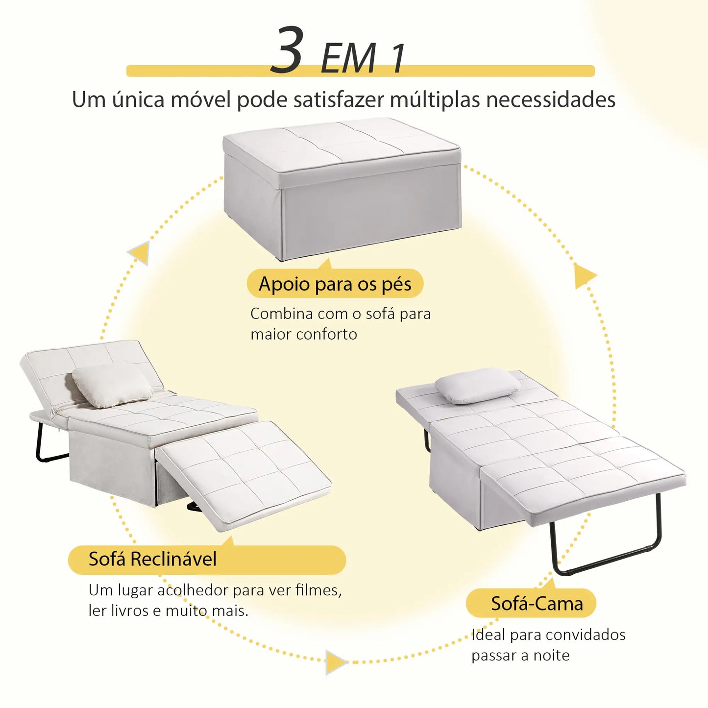 Sofá-Cama "Açores" 3 em 1 - Branco Gelo - 95x179x78 cm - Linho e Metal - Design Moderno