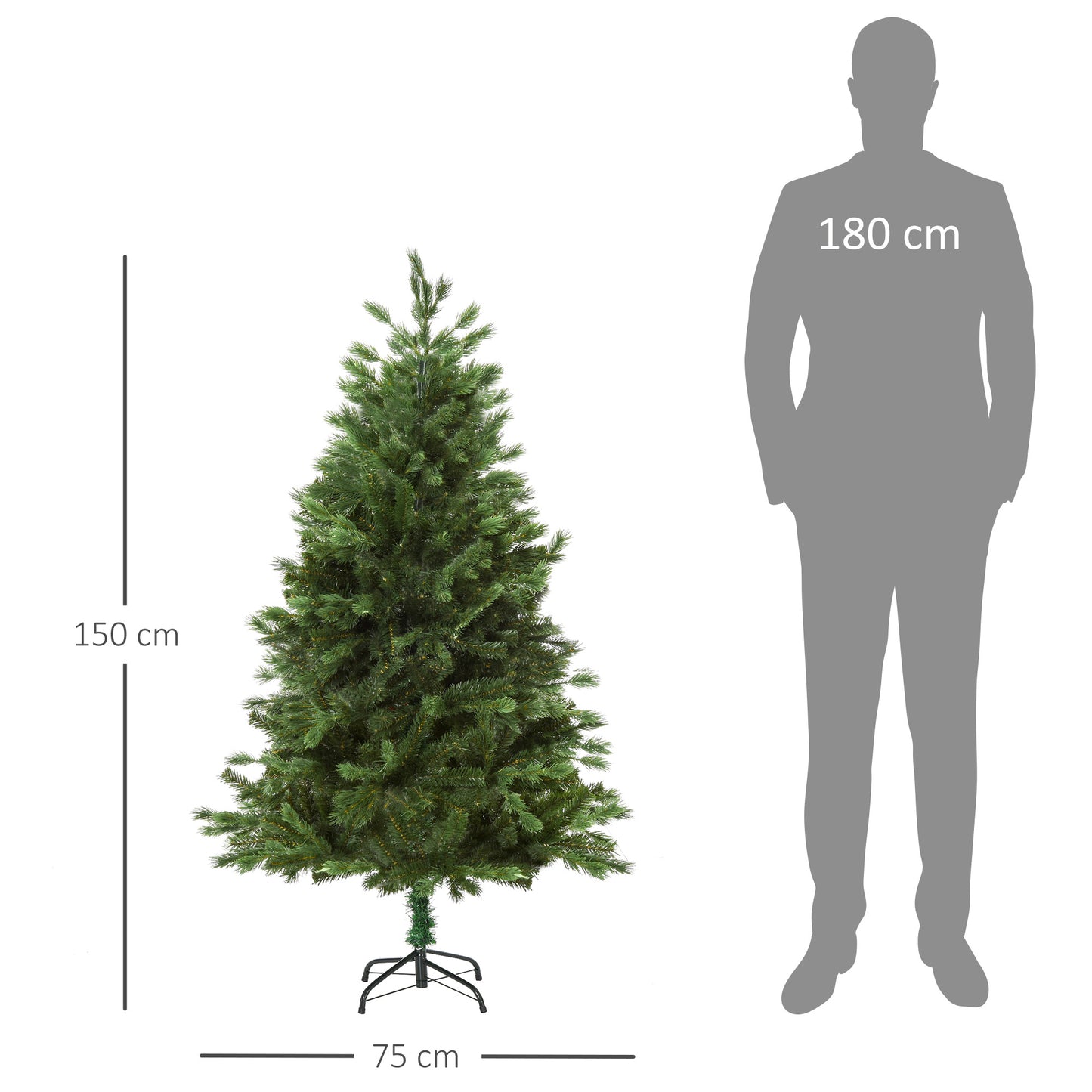 HOMCOM Árvore Artificial de Natal 150cm com Base Dobrável 440 Galhos PE Tridente e PVC Individual Árvore de Natal Decorativa Exterior Interior Ø75x150cm Verde