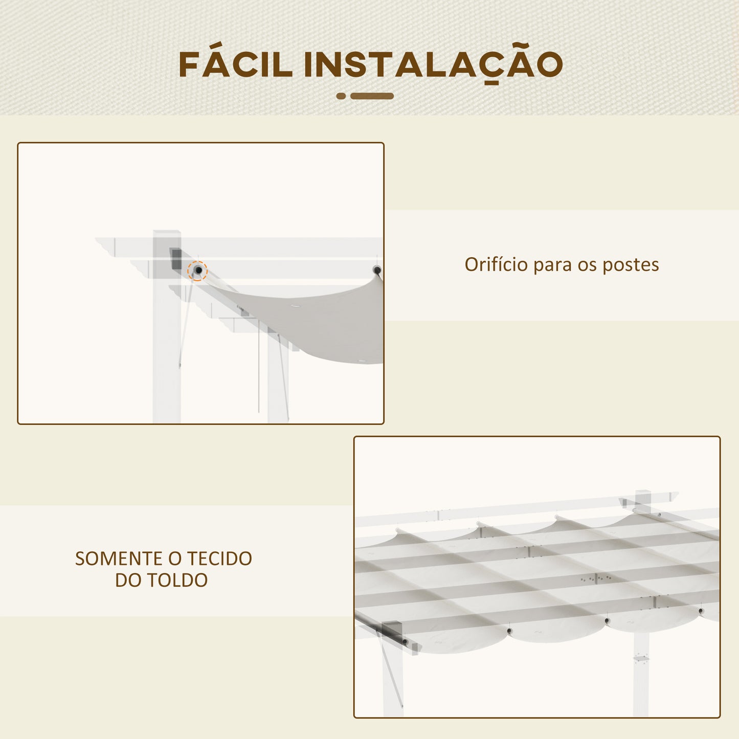 Outsunny Cobertura para Pérgola 2,5x2,55cm Teto de Substituição Retrátil para Pérgola com 10 Orifícios de Drenagem Creme