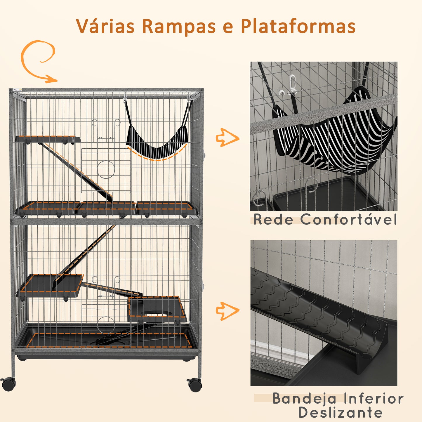 PawHut Gaiola para Roedores 80x52x128 cm Casa de 4 Alturas com Rampas Suspensa Rede Bandeja Removível Rodas Portas Cinza Prateado