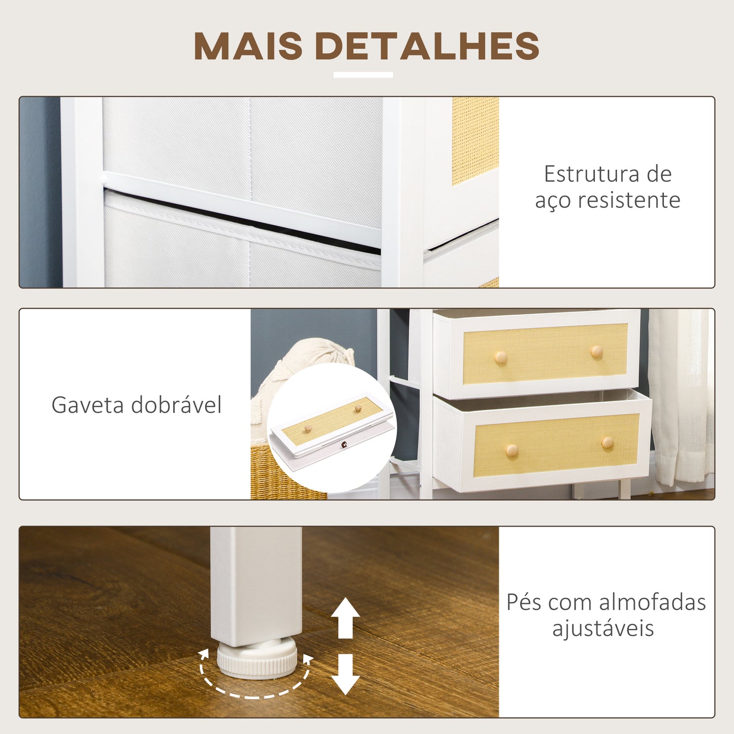 HOMCOM Cómoda de Dormitório Cómoda Estilo Bohemio com 4 Gavetas de Tecido Dobráveis Superfície de Vime PE e Estrutura de Aço para Entrada Sala de Estar Corredor 62x30x105 cm Branco