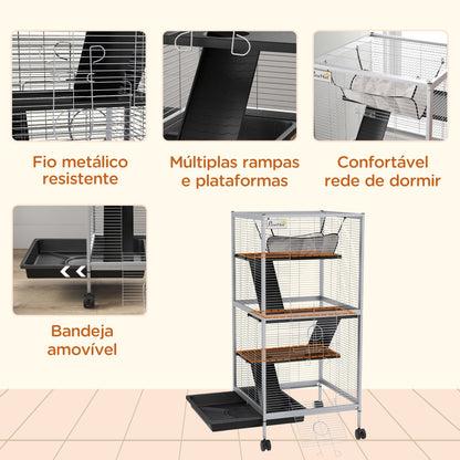 PawHut Gaiola para Roedores 52x52x113,5 cm Gaiola para Furões com Rodas 2 Portas 3 Rampas Rede Suspensa e Bandeja Removível para Cobias Branco