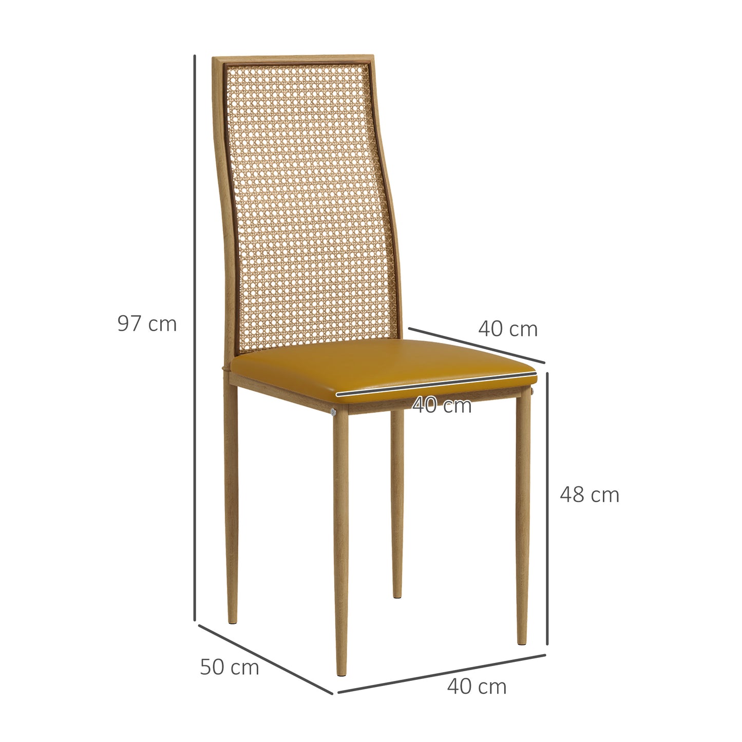 HOMCOM Conjunto de 2 Cadeiras de Sala de Jantar Cadeiras de Cozinha Modernas com Encosto em Vime PE Assento Estofado em Couro PU e Pés de Aço 40x50x97 cm Ocre