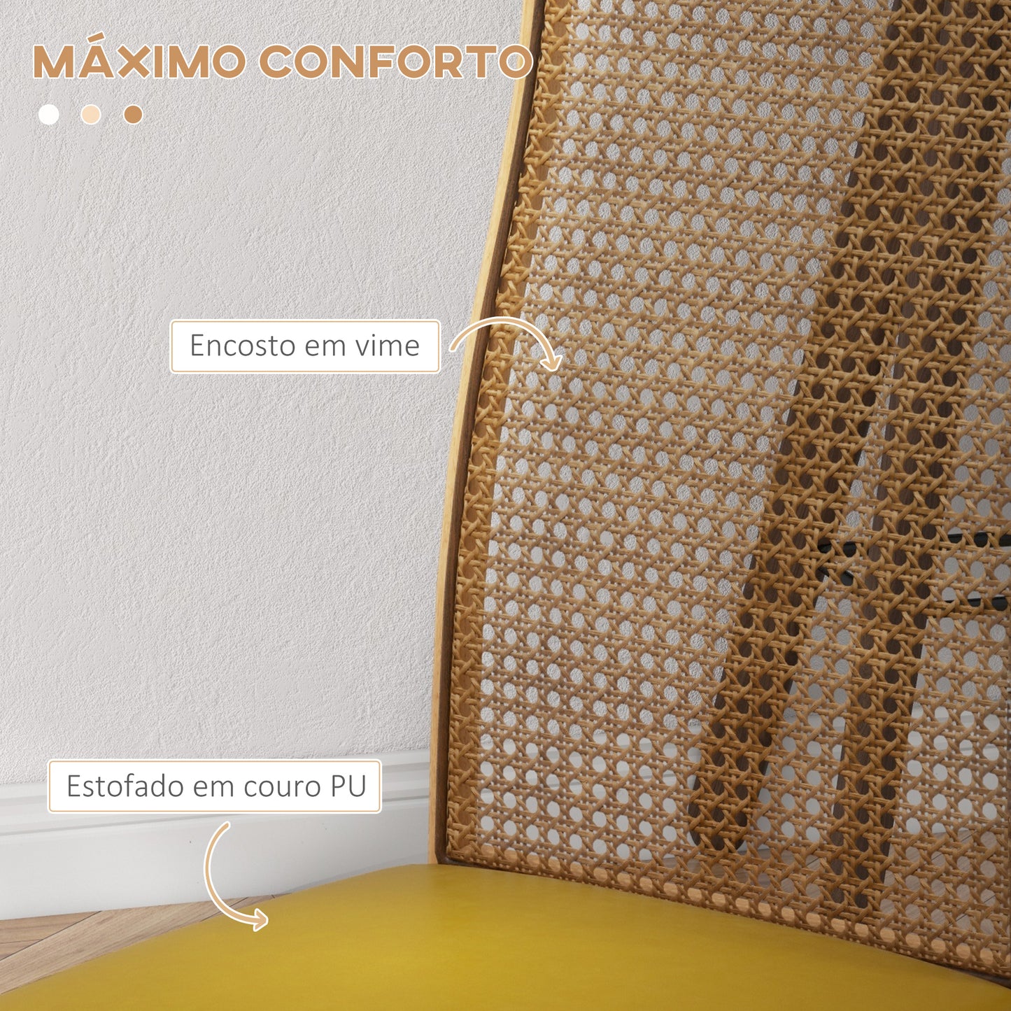 HOMCOM Conjunto de 2 Cadeiras de Sala de Jantar Cadeiras de Cozinha Modernas com Encosto em Vime PE Assento Estofado em Couro PU e Pés de Aço 40x50x97 cm Ocre