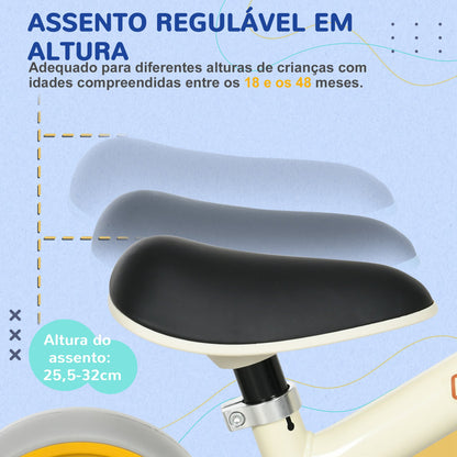 AIYAPLAY Bicicleta sem Pedais para Crianças de 18-48 Meses Bicicleta de Equilíbrio com Assento Ajustável em Altura Carga 25 kg 66,5x34x47 cm Branco