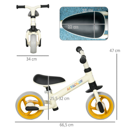 AIYAPLAY Bicicleta sem Pedais para Crianças de 18-48 Meses Bicicleta de Equilíbrio com Assento Ajustável em Altura Carga 25 kg 66,5x34x47 cm Branco